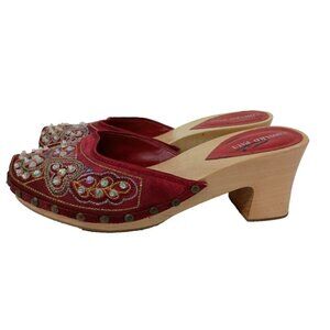 VTG Edward Paul Womens Wood  Block Heels Slip On Shoes 7 Red Beaded  Asian Mules